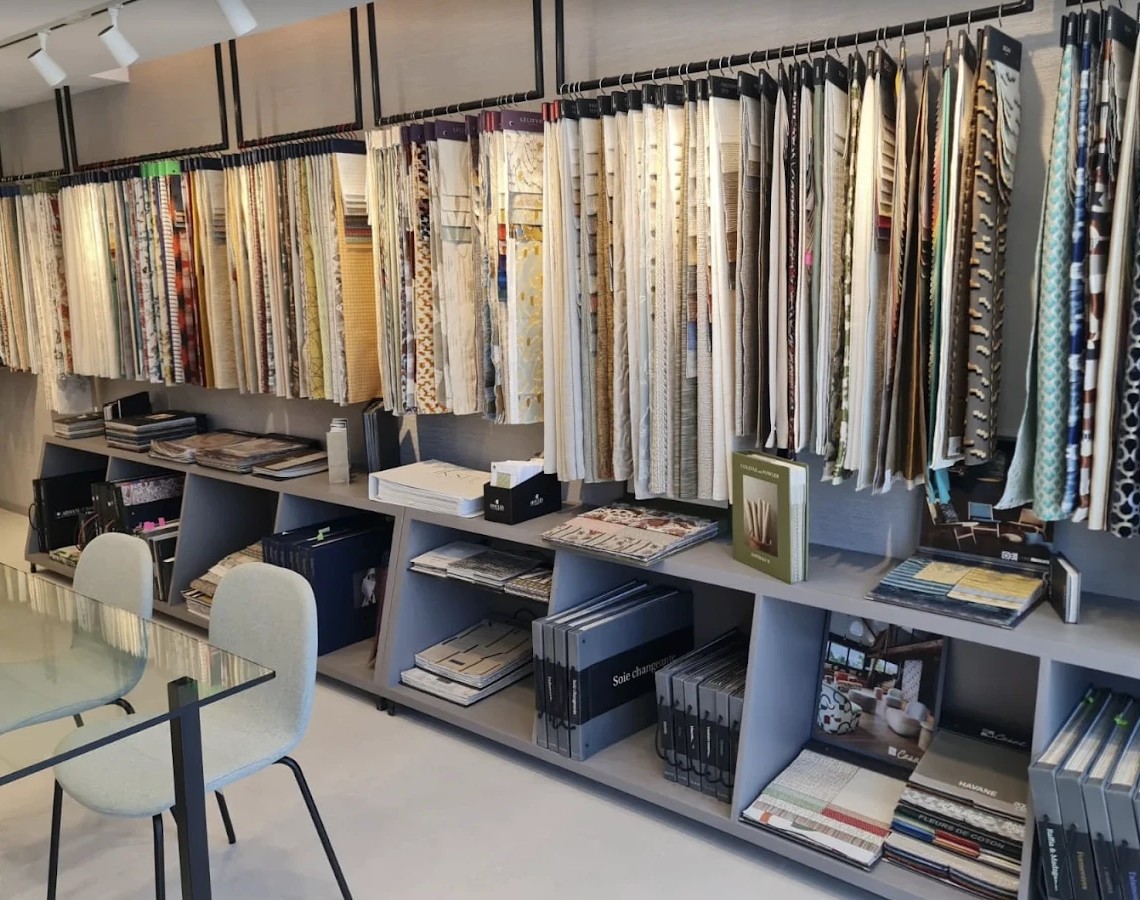 The Blue Dana showroom in Kuwait, with fabric samples on display